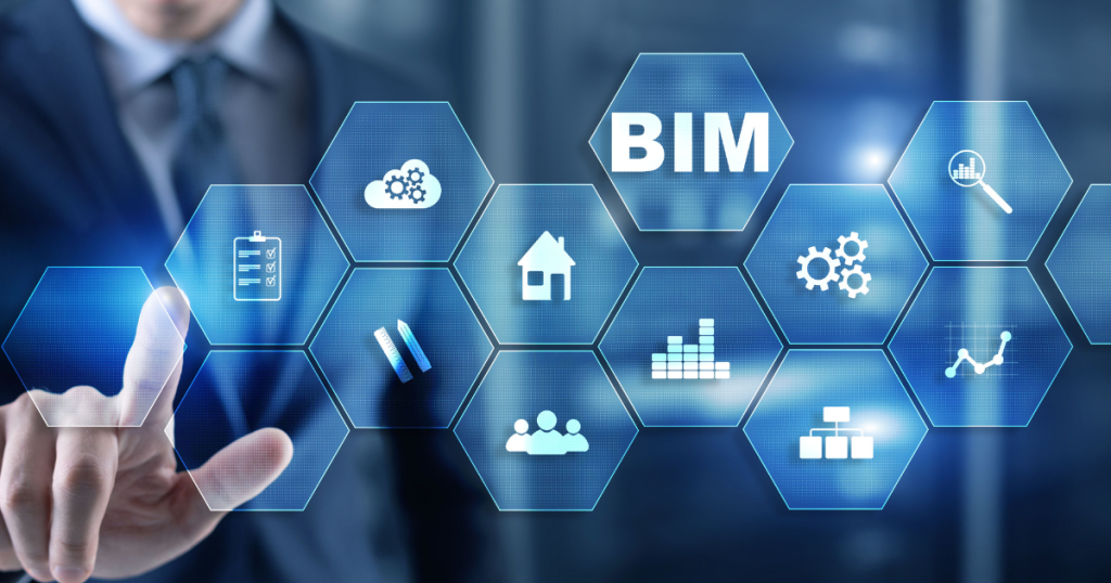 "Business professional interacting with a digital BIM (Building Information Modeling) interface, featuring icons for construction, data analysis, and project management.