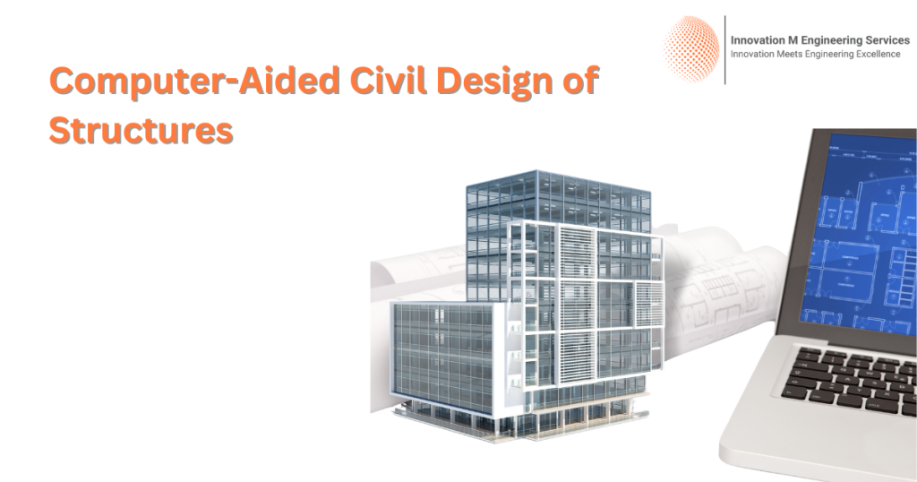 Computer-Aided Civil Design of Structures – Modern building model with CAD blueprints on a laptop, representing innovative engineering solutions.