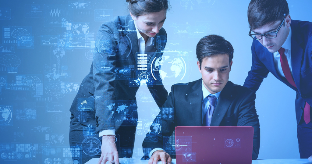 Business professionals analyzing data on a laptop with a futuristic digital interface. Ideal for AI, technology, data analytics, and innovation concepts.