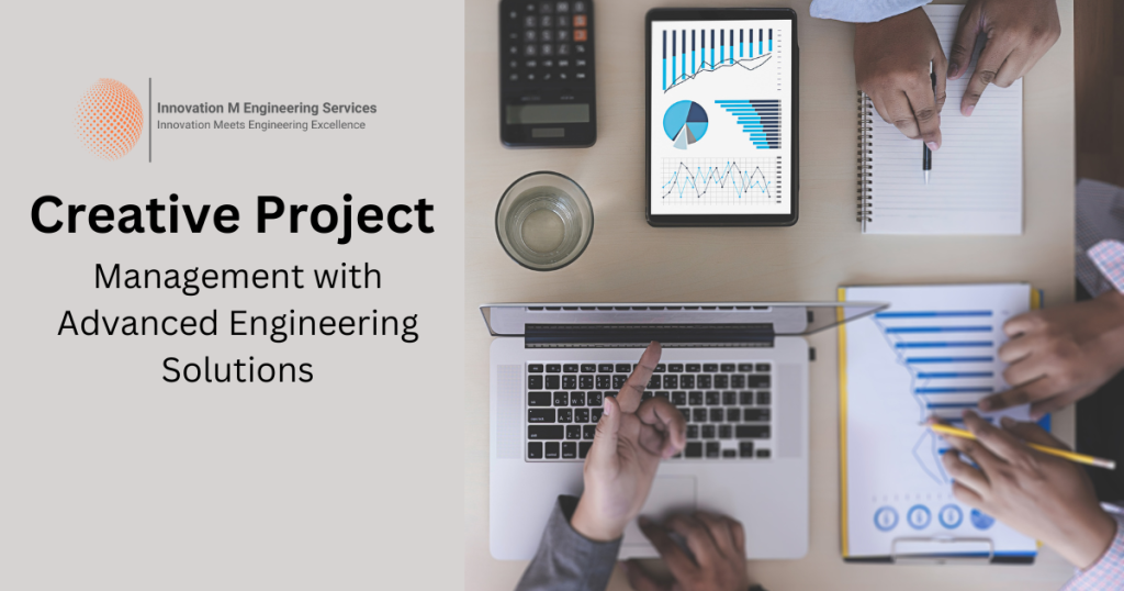 Creative Project Management with Advanced Engineering Solutions – Team collaborating on data-driven project planning with charts, graphs, and technology.