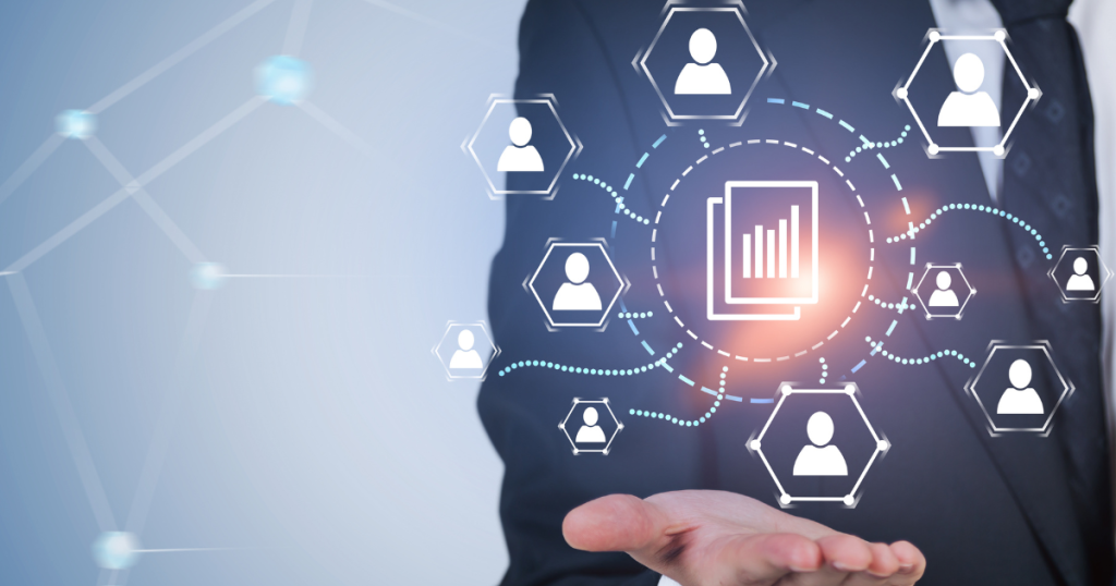 Business professional presenting digital network of connected people and data analytics icon for talent management and remote team collaboration