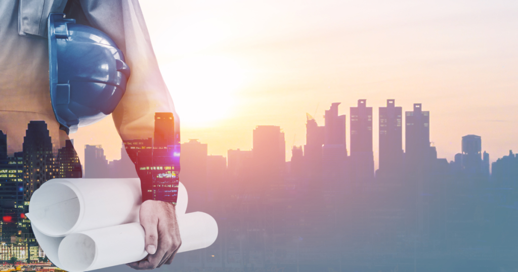 Engineer holding blueprints and helmet with city skyline at sunset, symbolizing the future of engineering and urban development.