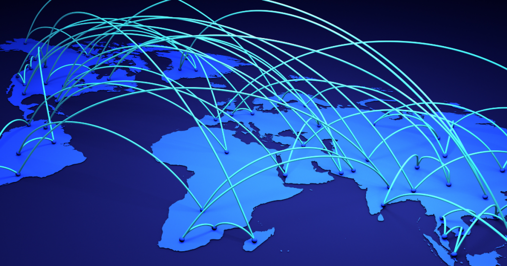 Global digital connectivity concept showing a 3D world map with data transfer lines representing geographic information systems and global communication
